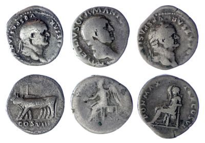 six ancient roman coins, one of which has a head of a man and one of which is a woman
