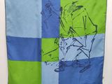 an image of a blue and green blanket with a picture of a man on a skateboard