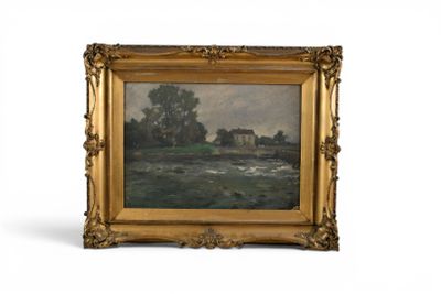 l'image d'une peinture représentant une rivière avec des arbres en arrière-plan