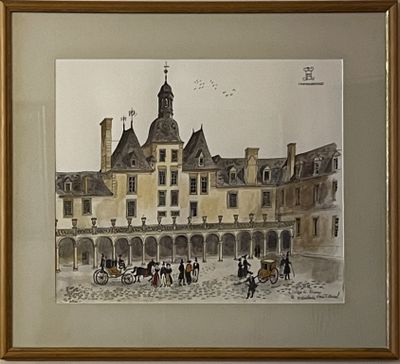 painting of a building with a horse drawn carriage in front of it