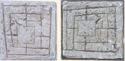 two pictures of a stone block with a design of a door and a window