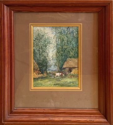 an image of a painting of a farm scene in a wooden frame