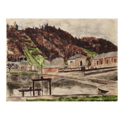 painting of a view of a town with a boat dock and a mountain in the background