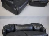 deux photos d'un canapé et d'une causeuse en cuir noir dans un salon