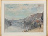 une image d'une peinture représentant une scène de rivière avec un bateau dans l'eau