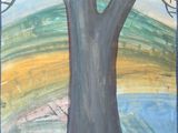 tableau représentant un arbre dans un champ, avec un ciel bleu en arrière-plan