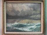 painting of a sailboat in a stormy sea with a beach in the background