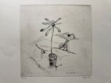 un dessin représentant une fleur dans un pot posé sur une table