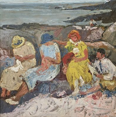 painting of a group of people sitting on a beach next to the ocean