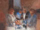 a painting of a group of people sitting at a table