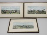 deux reproductions encadrées représentant des chevaux et des cavaliers dans un champ