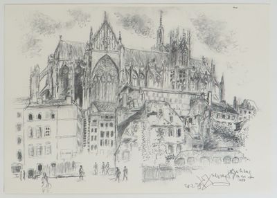 dessin au crayon représentant une grande cathédrale avec une tour horloge en arrière-plan