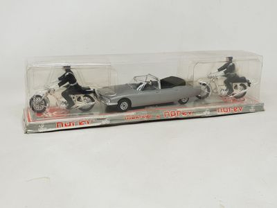 a toy car and a motorcycle in a clear box