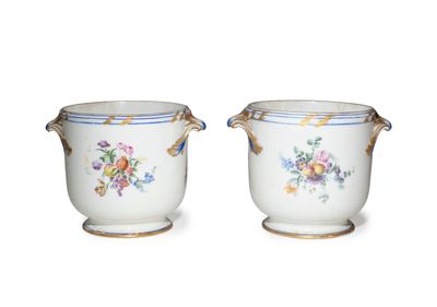 pair of porcelain vases with floral designs on them on a white surface
