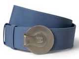 the belt is blue and has a metal buckle on it