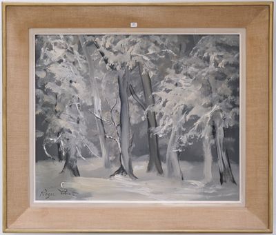 une peinture à l'huile représentant une scène de forêt enneigée avec des arbres au premier plan