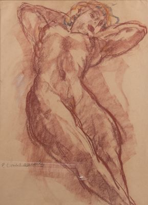 dessin représentant une femme nue allongée sur le dos, les bras derrière la tête