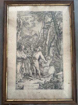 un dessin encadré représentant un homme et une femme dans un décor boisé
