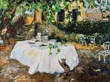 un tableau représentant une table recouverte d'une nappe blanche