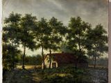 a painting of a house in the middle of a field