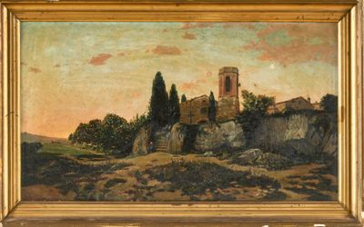 une peinture à l'huile représentant un château sur une colline avec des arbres au premier plan