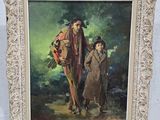 un vieux tableau représentant un homme et un enfant marchant dans une rue