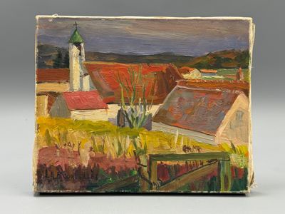 l'image d'un tableau représentant un village avec une église à l'arrière-plan