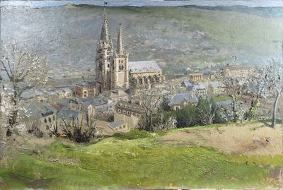 a painting of a view of a town from a hill