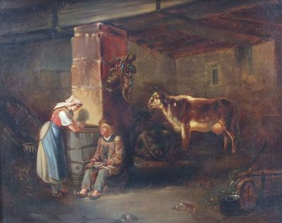 un tableau représentant un homme et une femme dans une grange avec une vache