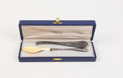 a silver spoon and fork in a blue box