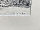 drawing of a man sitting on a bench in front of a building