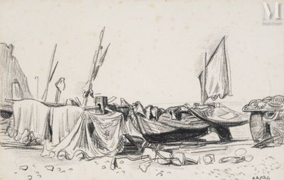 drawing of a boat on a beach with a man standing next to it