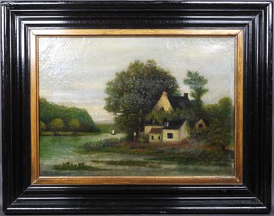 une peinture à l'huile représentant une maison dans un champ bordé d'arbres