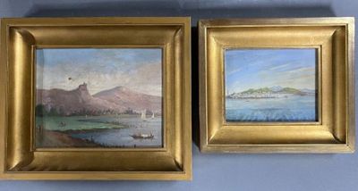 two framed paintings of boats on the water and a mountain in the distance