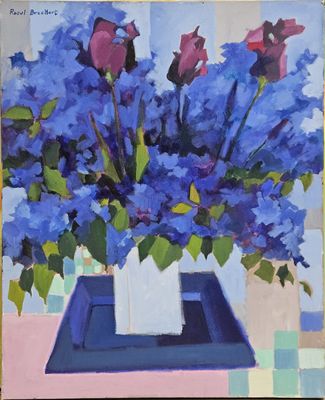 a painting of blue flowers in a vase on a table