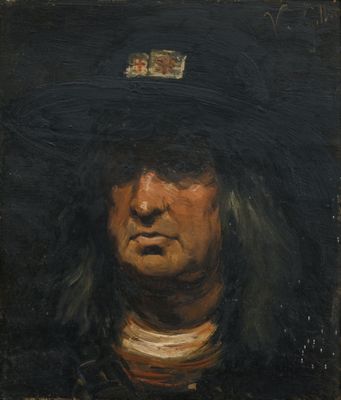 un tableau représentant un homme portant un chapeau noir surmonté d'une couronne