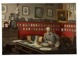 un tableau représentant un homme assis à un bureau dans une pièce