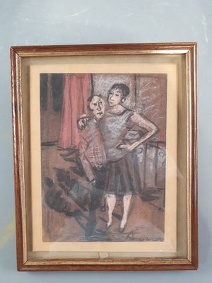 tableau représentant un garçon et une fille dans une pièce avec un chien