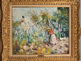 an oil painting of a woman in a garden with a red umbrella
