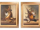 pair of oil paintings of pheasants and pheasants on a table