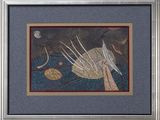 tableau encadré représentant un oiseau au bord d'un étang