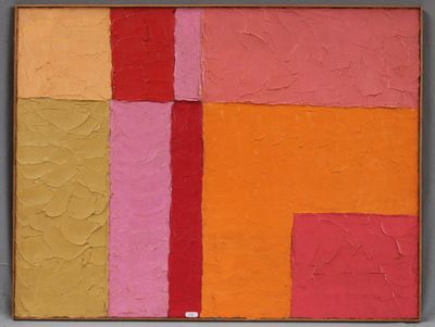 peinture abstraite représentant des carrés rouges, jaunes, roses et orange sur un fond gris