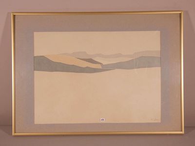 painting of a landscape with mountains in a gold frame on a wall