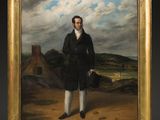 a painting of a man in a black coat and white pants