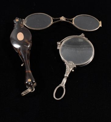 three antique silver plated mirrors and a pair of scissors
