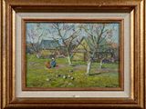 an oil painting of a farm scene with chickens in the foreground