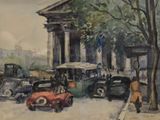 un tableau représentant une scène de rue avec des voitures et un immeuble
