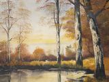 a painting of a lake surrounded by trees and grass
