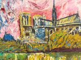 an oil painting of a painting of a church and a river