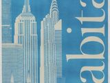 an image of a blue and white poster with a city skyline in the background